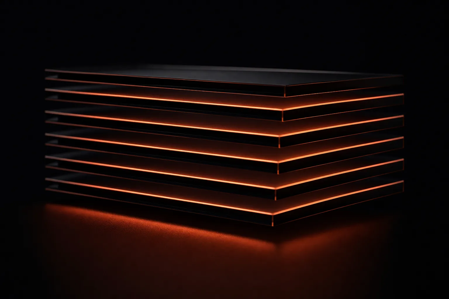 Six thin dark slabs stacked with warm orange light glowing out from between them