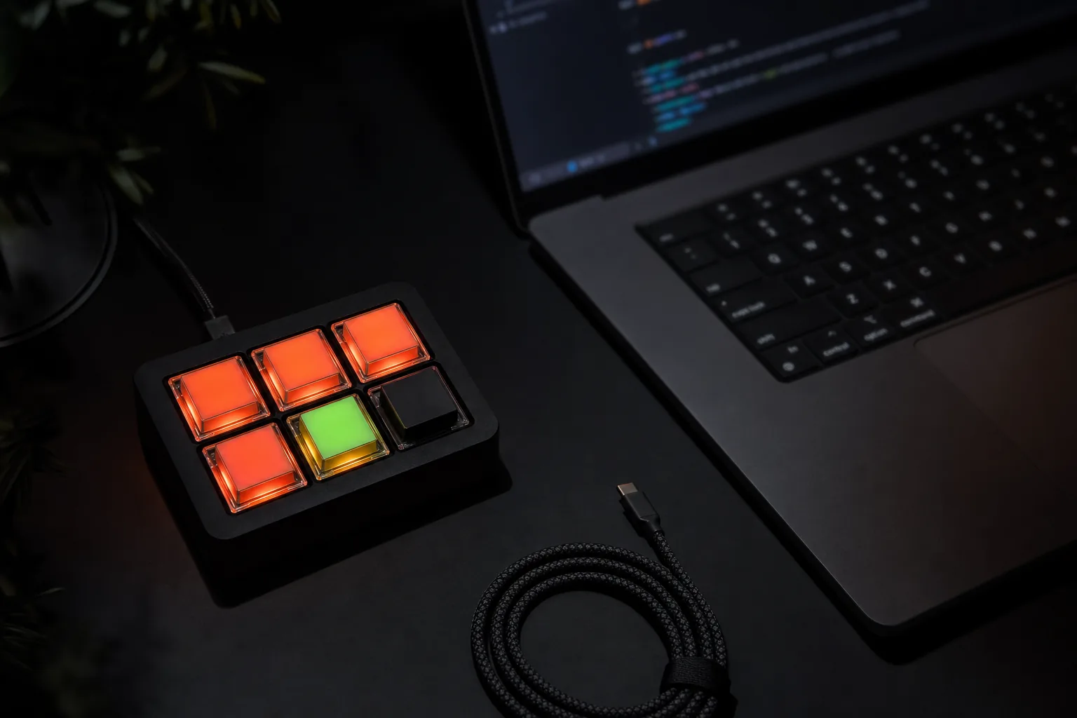 A six-key deck on a dark desk, keys lit in orange, amber and green, next to a laptop showing code