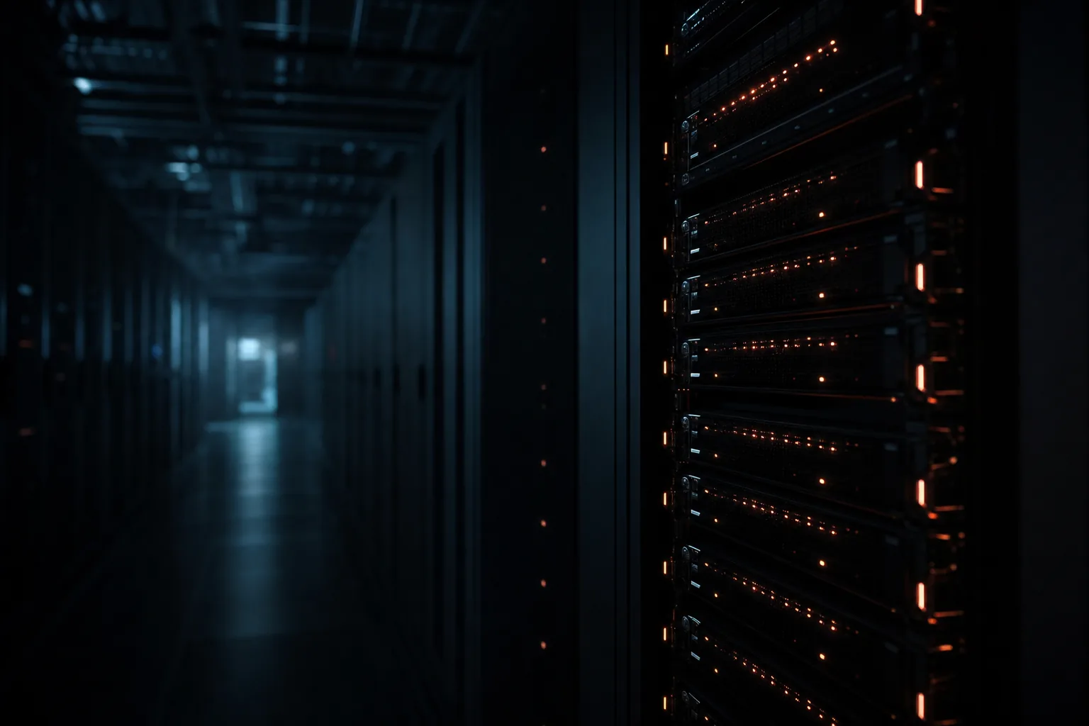 A rack of servers glowing in a dark, empty data centre aisle