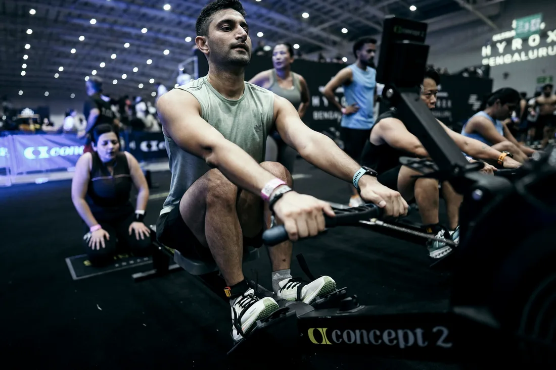 Akshit on the rower at Hyrox Bengaluru